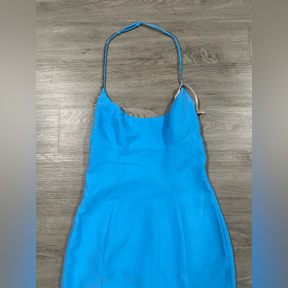 Oh Polly Bodycon Dress Embellished Periwinkle Blue Halter Slit - Picture 4 of 6